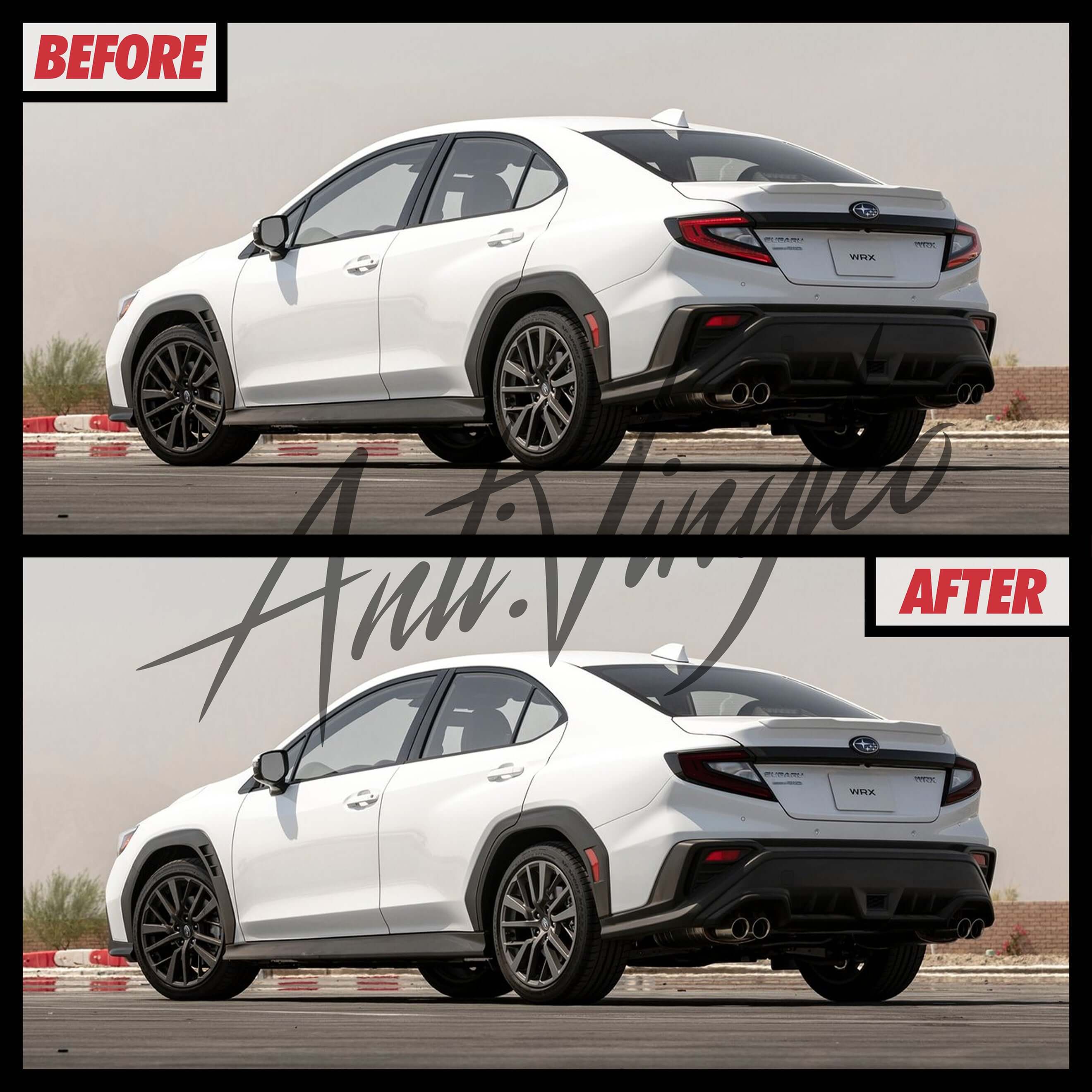 Comparison of WRX tail lights before and after tinted installation, showcasing enhanced style and visibility.