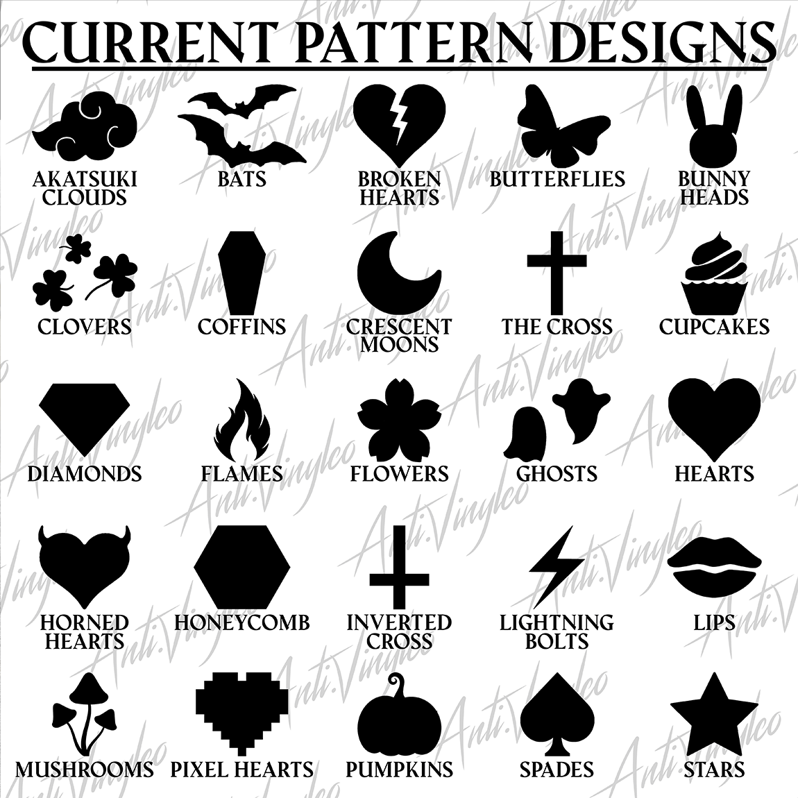 Current pattern designs featuring various motifs like bats, hearts, moons, and flowers in black silhouette.