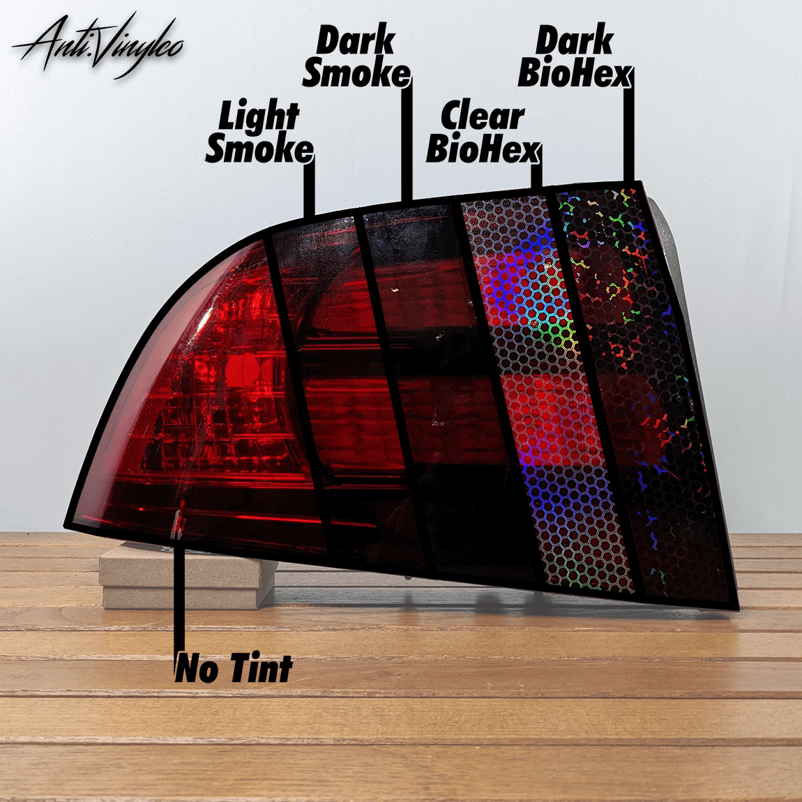 Tail light tint options showcasing Light Smoke, Dark Smoke, Clear BioHex, and Dark BioHex finishes.