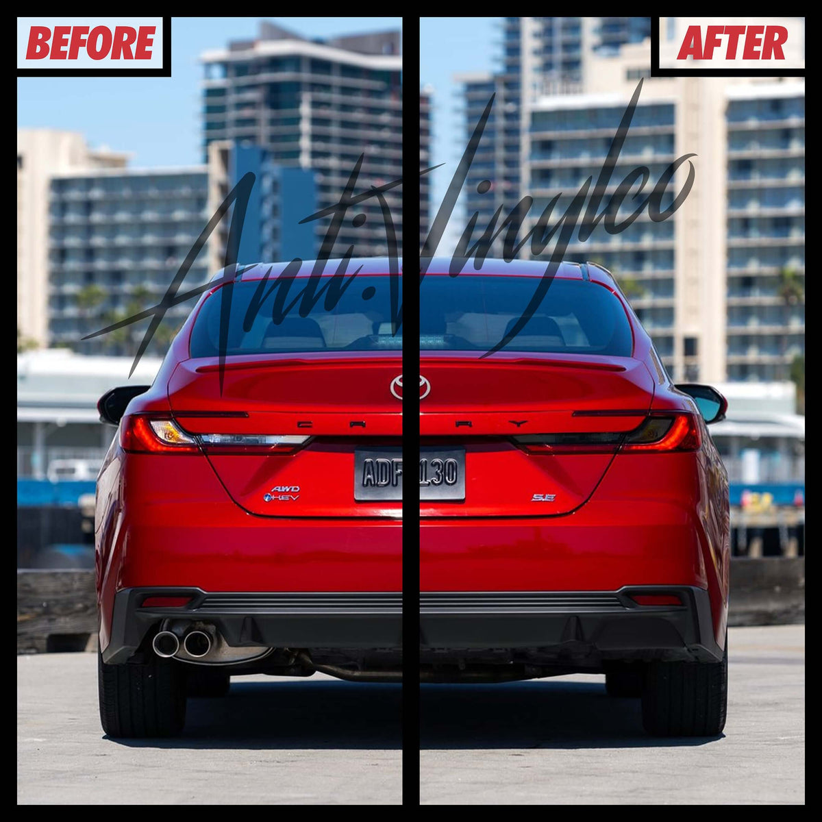 Before and after image of a 2025+ Toyota Camry with reverse/turn signal tint set applied.
