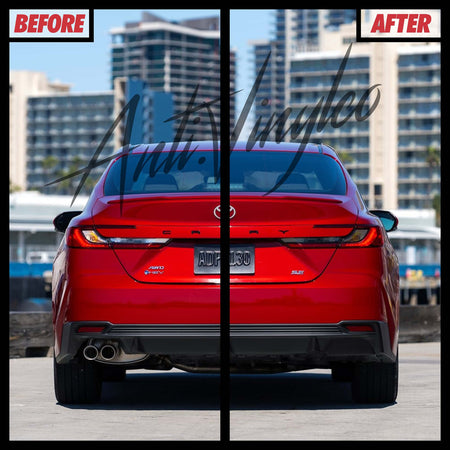 Before and after comparison of 2025+ Toyota Camry with reverse/turn signal tint set applied.