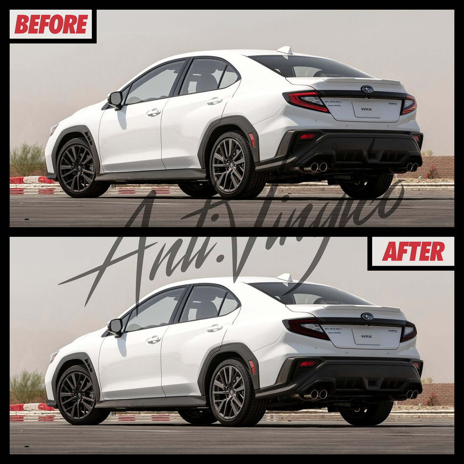 Comparison of WRX tail lights before and after tinted installation, showcasing enhanced style and visibility.