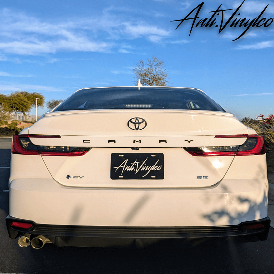 2025+ Toyota Camry rear view showcasing Anti Vinylco branding and sleek design
