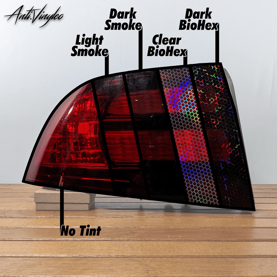 Tail light tint options showcasing Light Smoke, Dark Smoke, Clear BioHex, and Dark BioHex finishes.