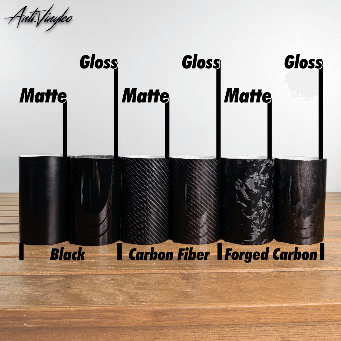 Different vinyl finishes displayed on rolls: Black, Carbon Fiber, Forged Carbon, in matte and gloss options.